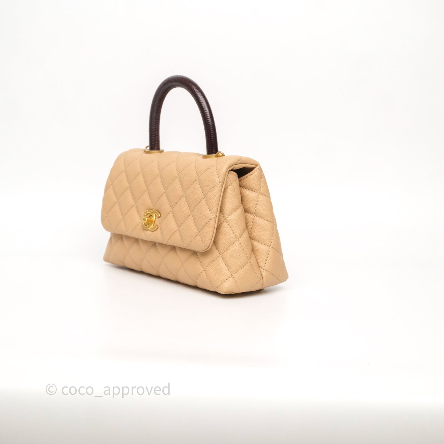 Chanel Small Coco Handle Quilted Beige Caviar Gold Hardware Lizard Handle