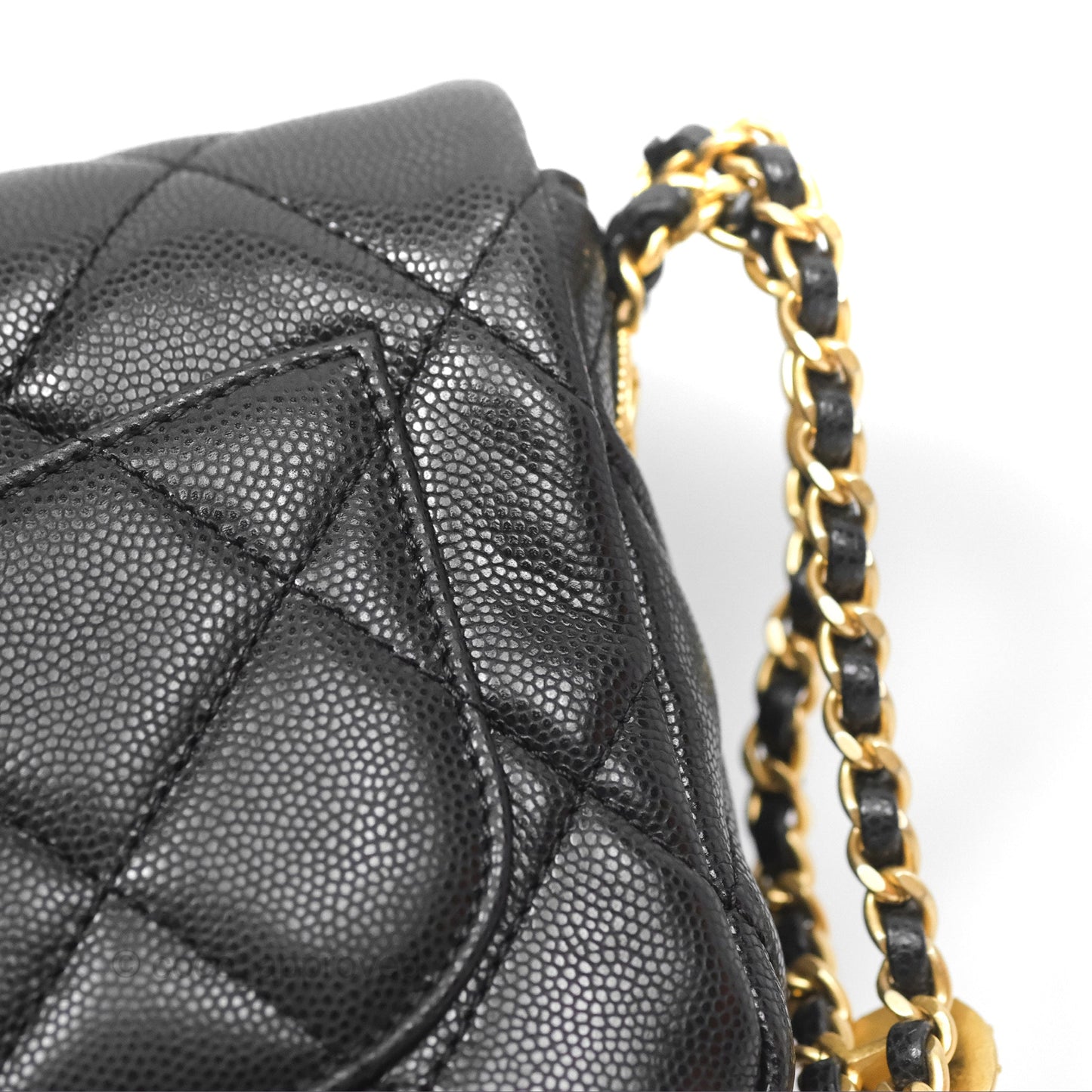 Chanel Mini Flap with Coin Charm Black Caviar Aged Gold Hardware 22A