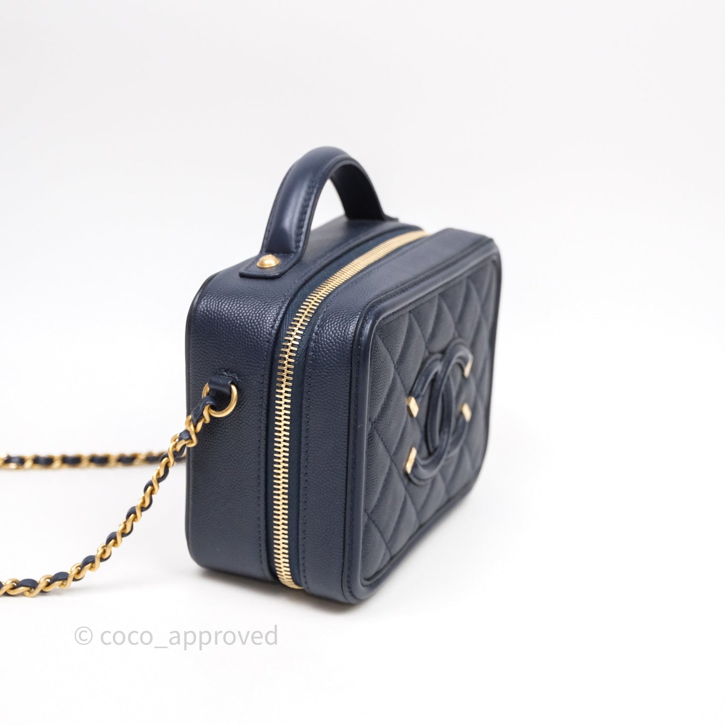 Chanel Quilted Small CC Filigree Vanity Case Navy Caviar Gold Hardware