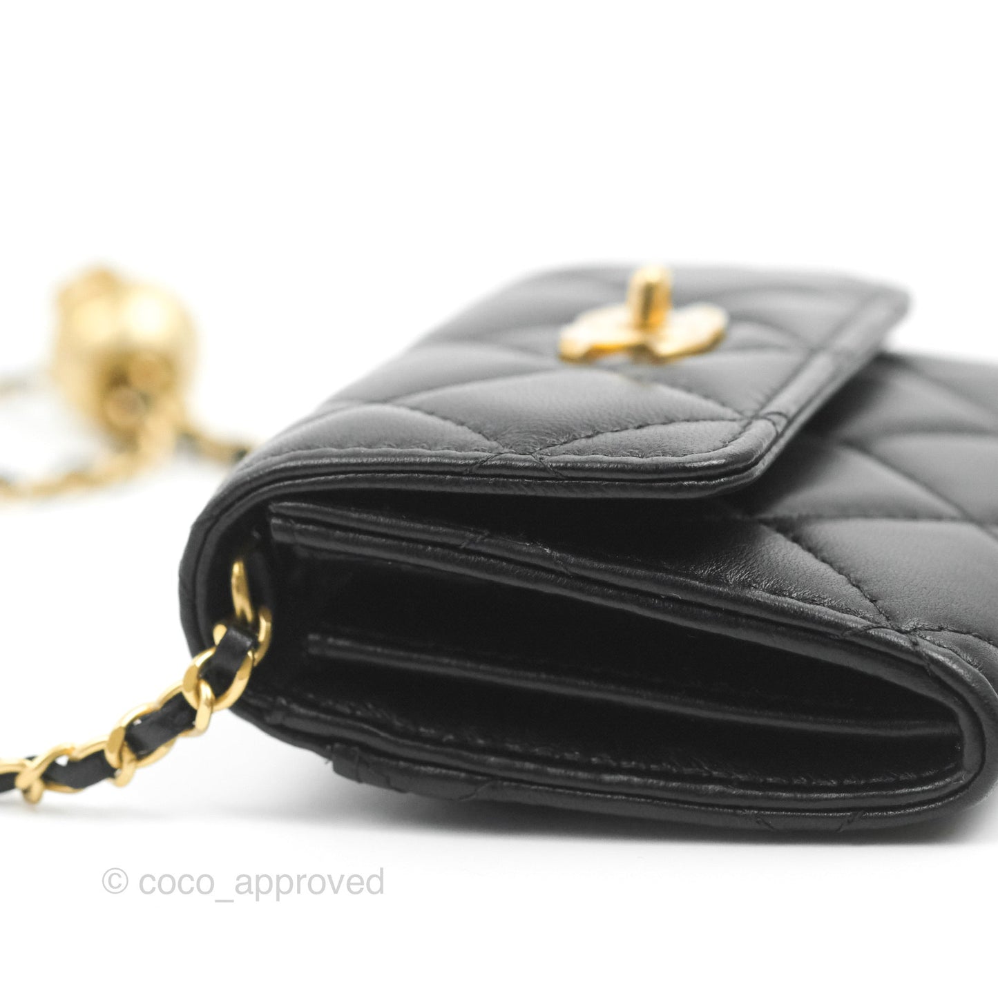 Chanel Pearl Crush Mini Clutch With Chain Black Lambskin Aged Gold Hardware