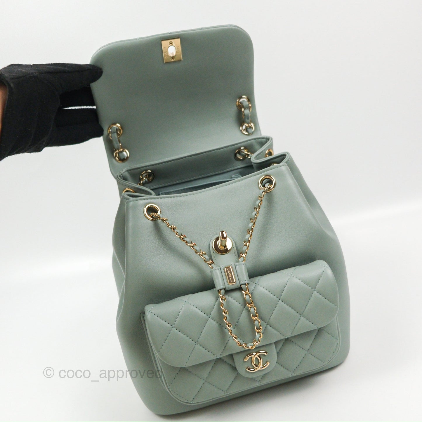 Chanel Quilted Large Duma Drawstring Backpack Tiffany Green Lambskin 23C