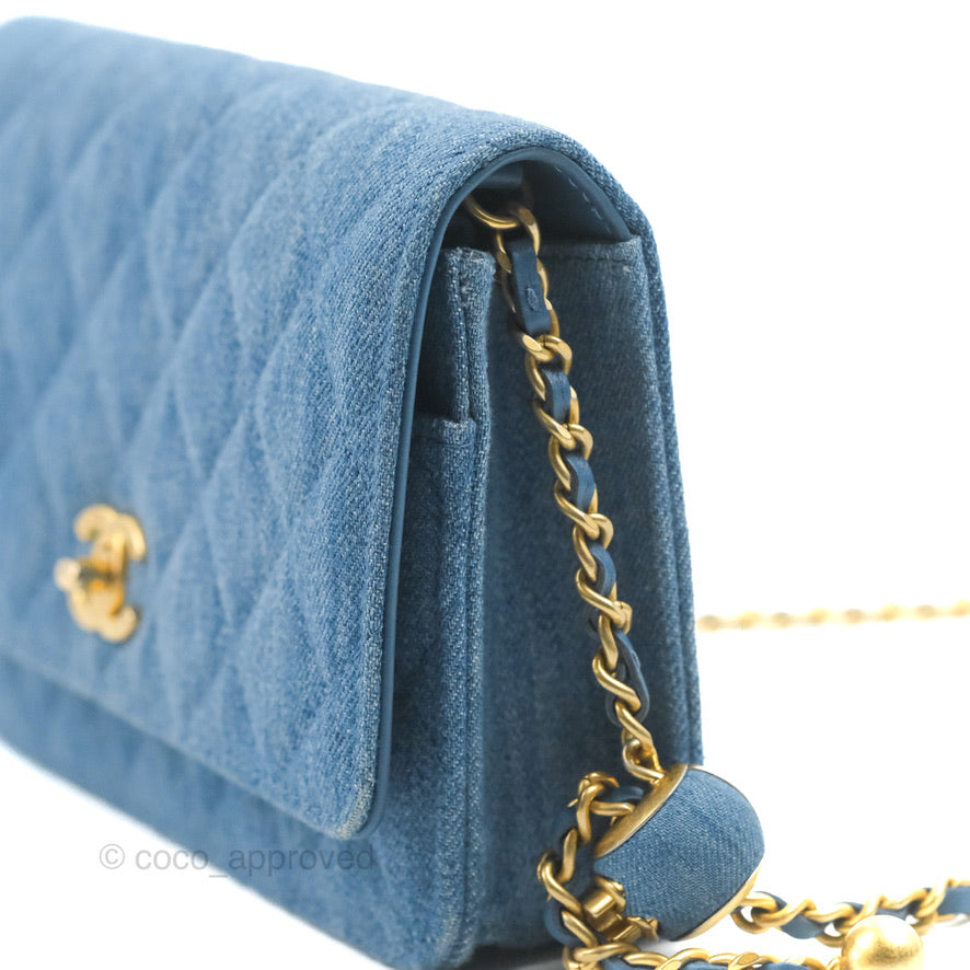 Chanel Quilted Pearl Crush Wallet on Chain WOC Denim Aged Gold Hardware