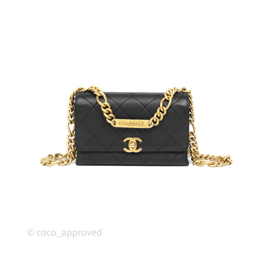Chanel Mini Bracelet On Chain Flap Bag Flat Quilted Black Caviar Aged Gold Hardware