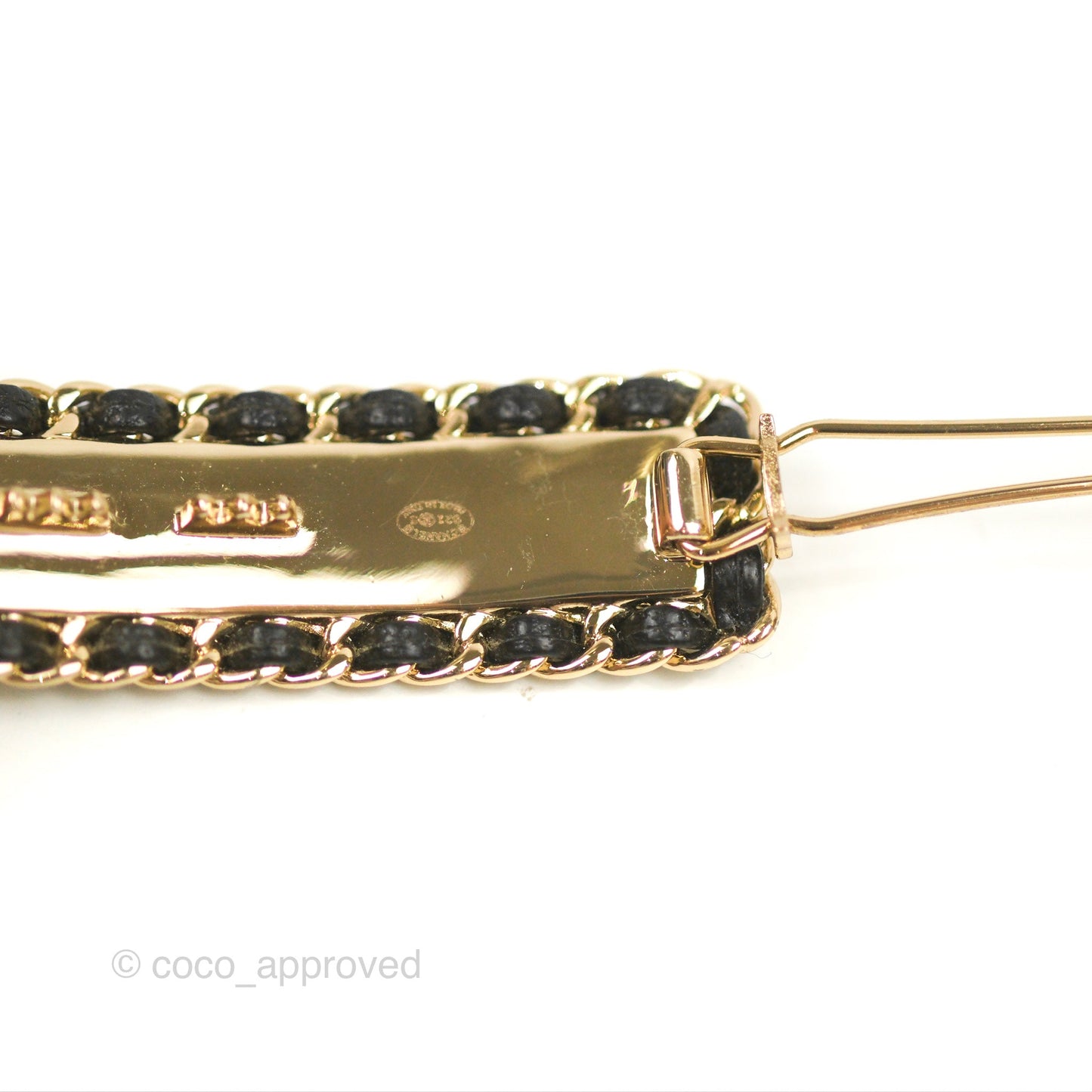 Chanel CC Black Leather Hair Clip Gold Tone 21S