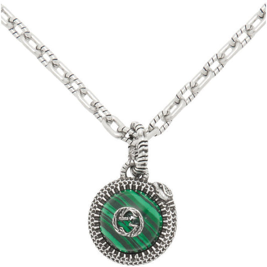 Luxury Gucci STERLING SILVER NEW DOUBLE G LOGO SERPENT MALACHITE PENDANT NECKLACE