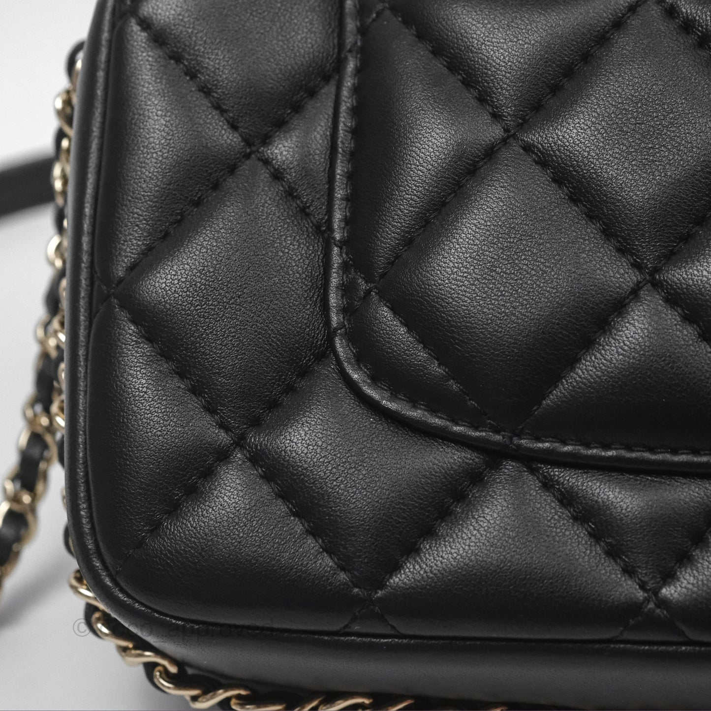 Chanel Logo Pearl Chain Flap Bag Black Lambskin Gold Hardware