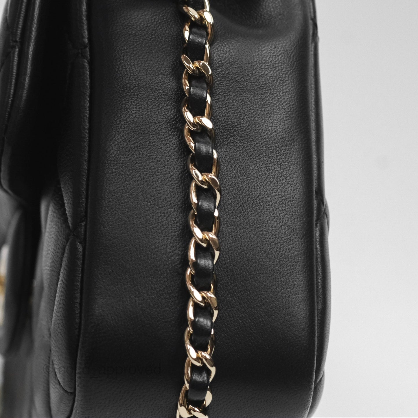 Chanel Logo Pearl Chain Flap Bag Black Lambskin Gold Hardware