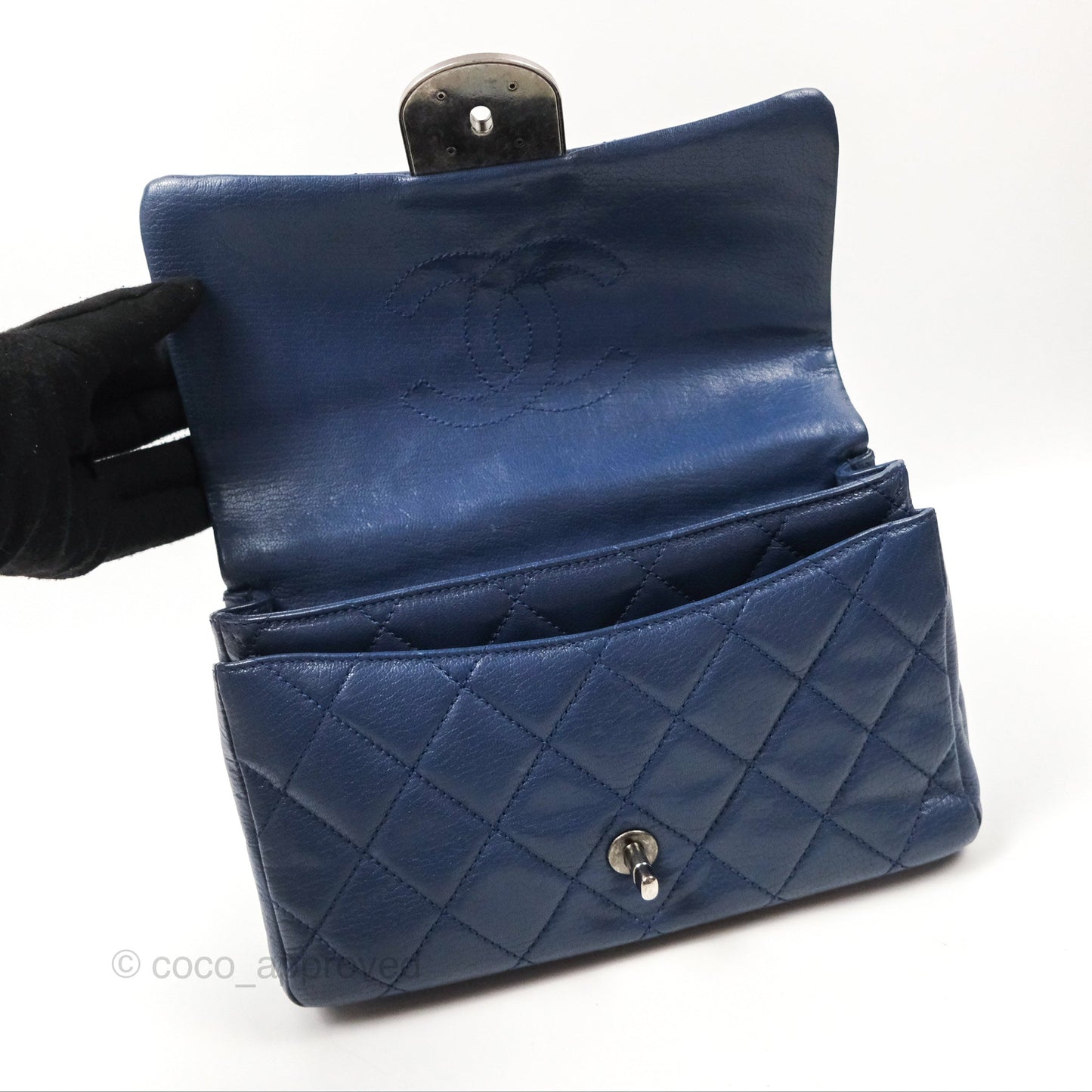 Chanel Quilted Small Double Carry Waist Chain Flap Dark Blue Shiny Goatskin
