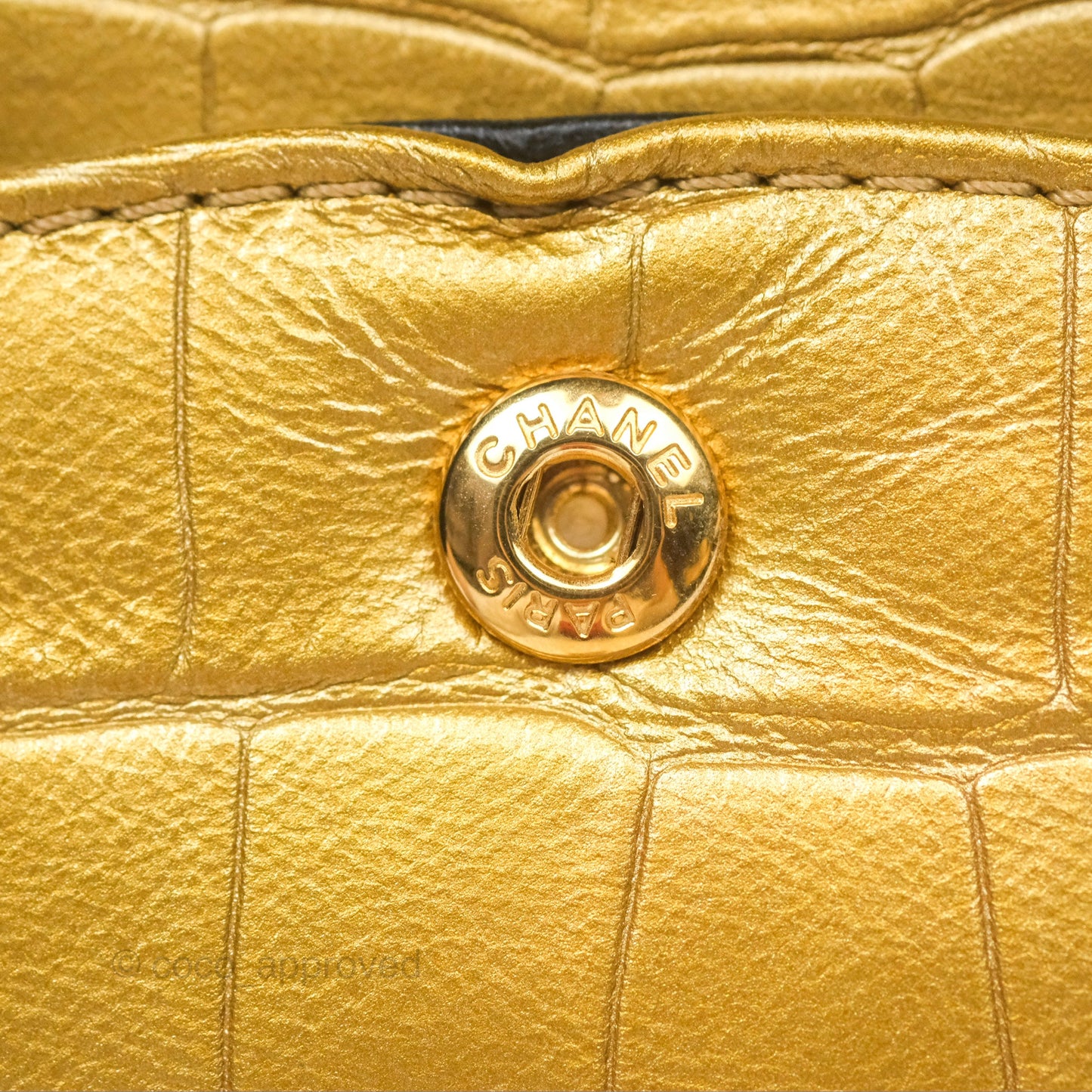 Chanel Reissue 2.55 Metallic Gold Crocodile Embossed Calfskin And Black Quilted Lambskin Aged Gold Hardware