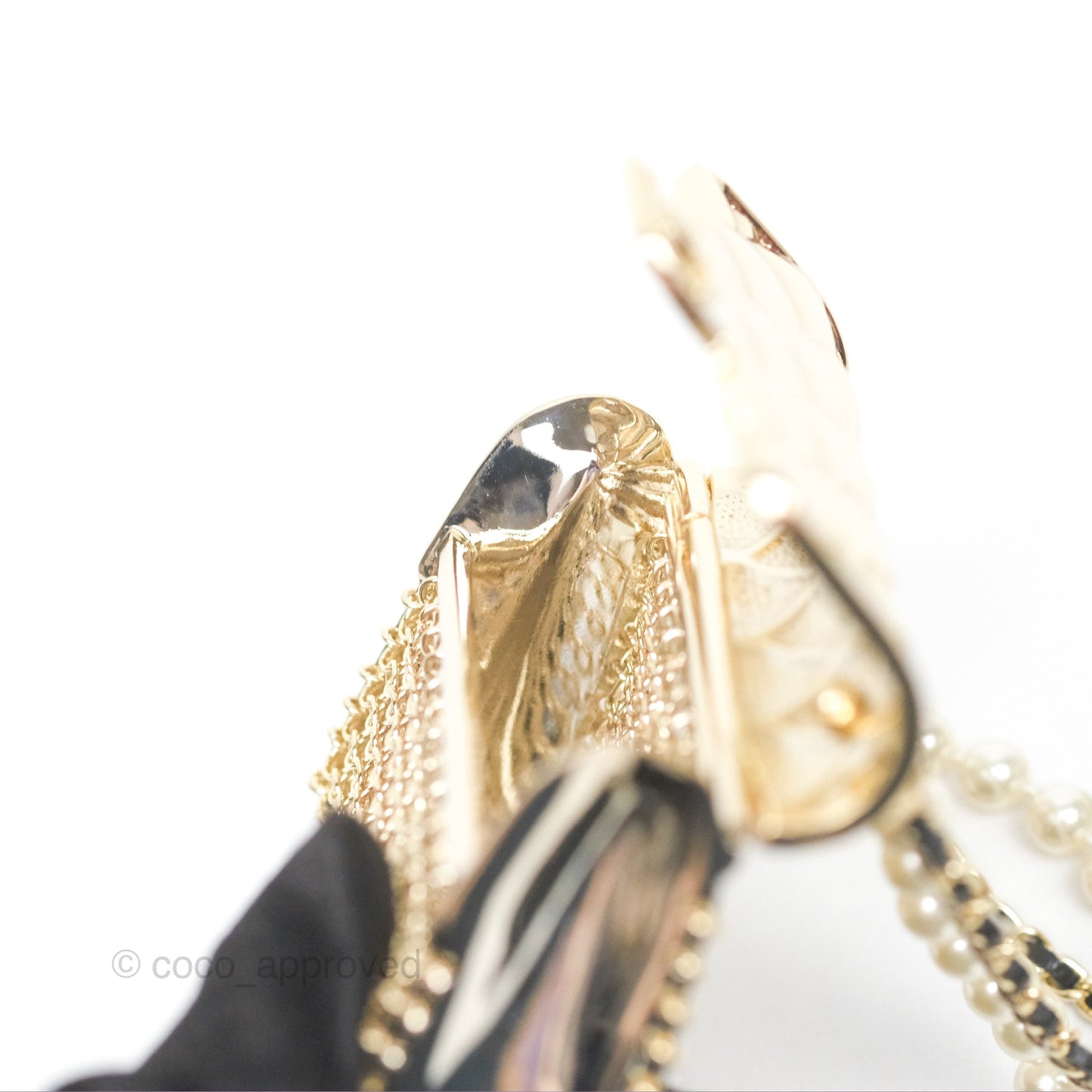 Chanel Flap Bag Charm Pearl Chain Black Leather Long Necklace Gold Tone 21S
