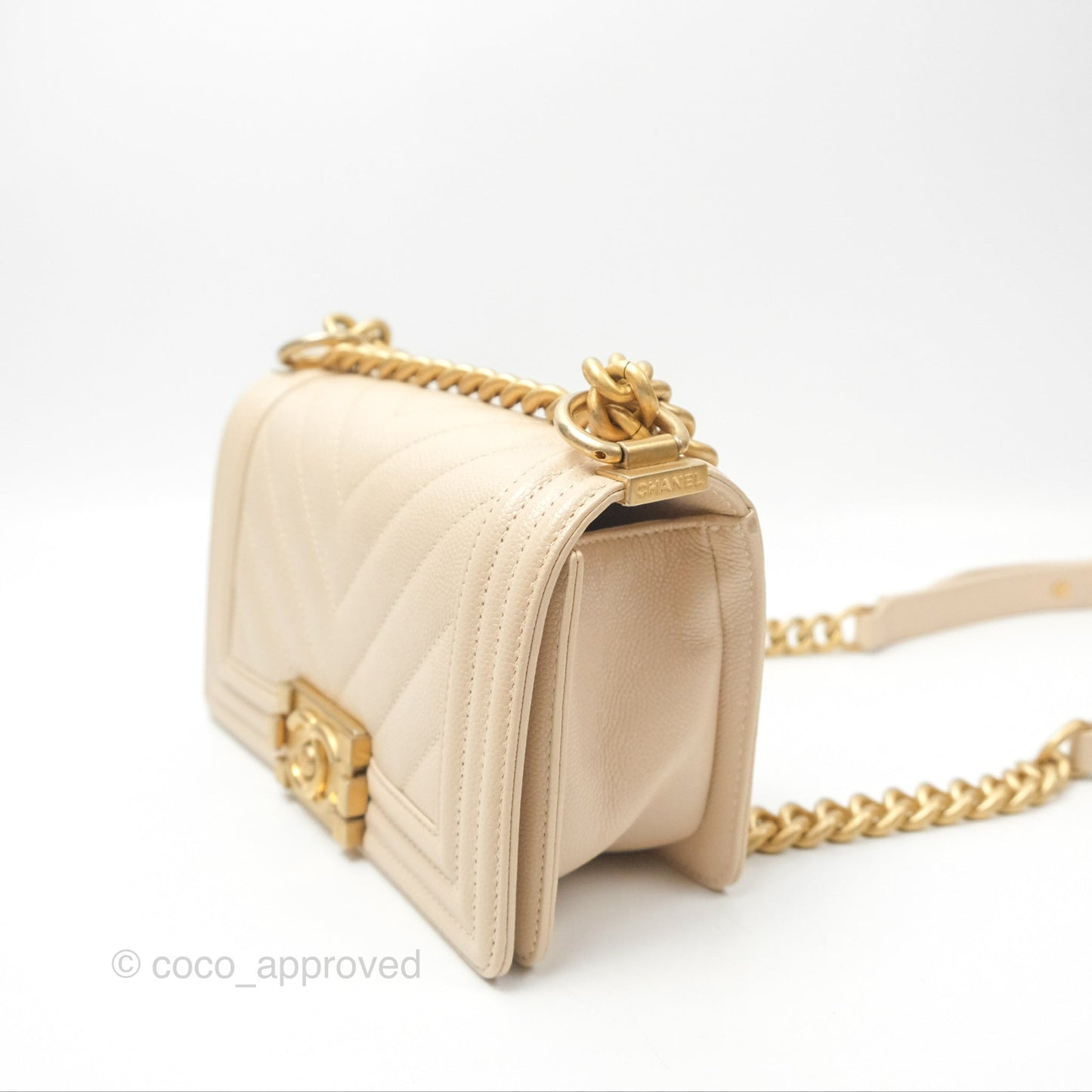 Chanel Chevron Small Boy Cream Ivory Caviar Aged Gold Hardware