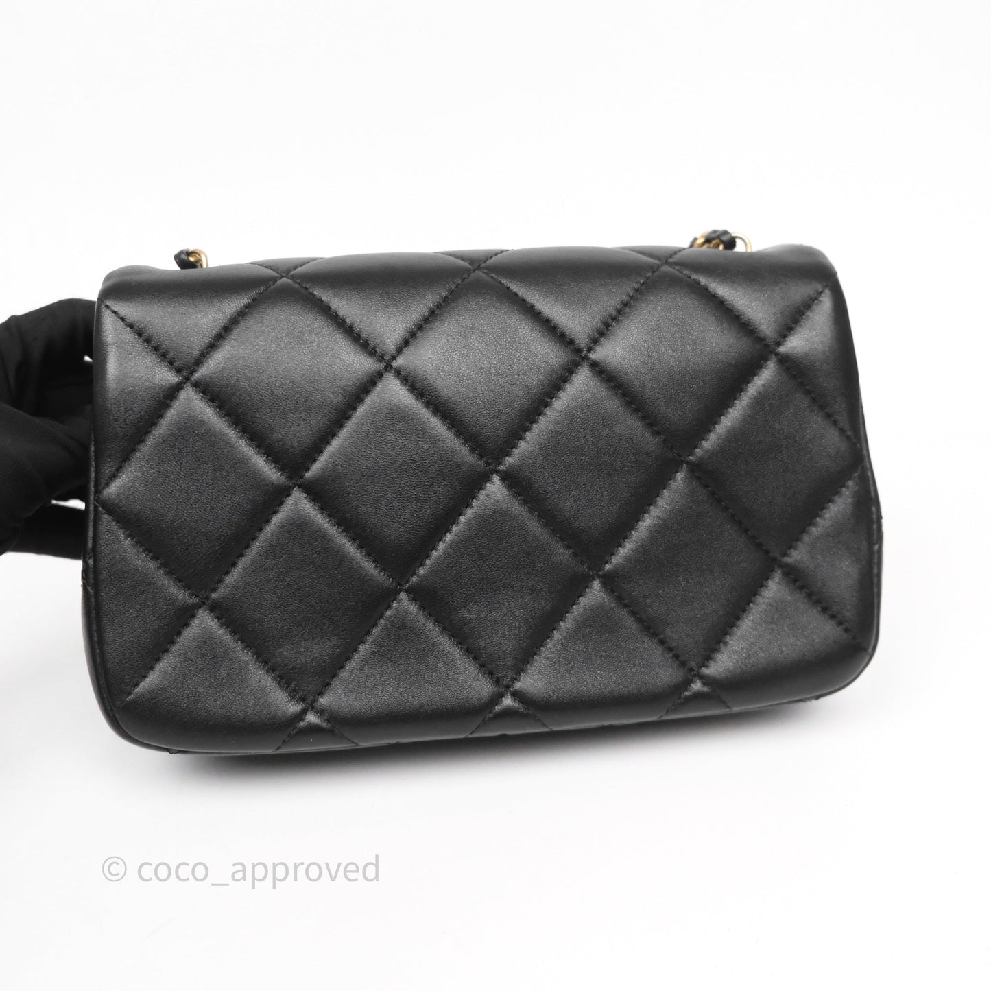 Chanel Quilted Flap Bag with Pearl Chain Black Calfskin Aged Gold Hardware