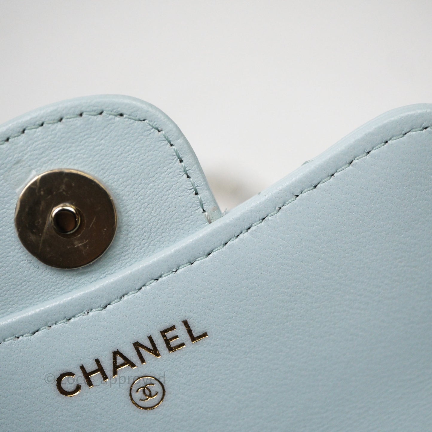 Chanel Mini Handle Flap Coin Purse With Chain Light Blue Lambskin Gold Hardware