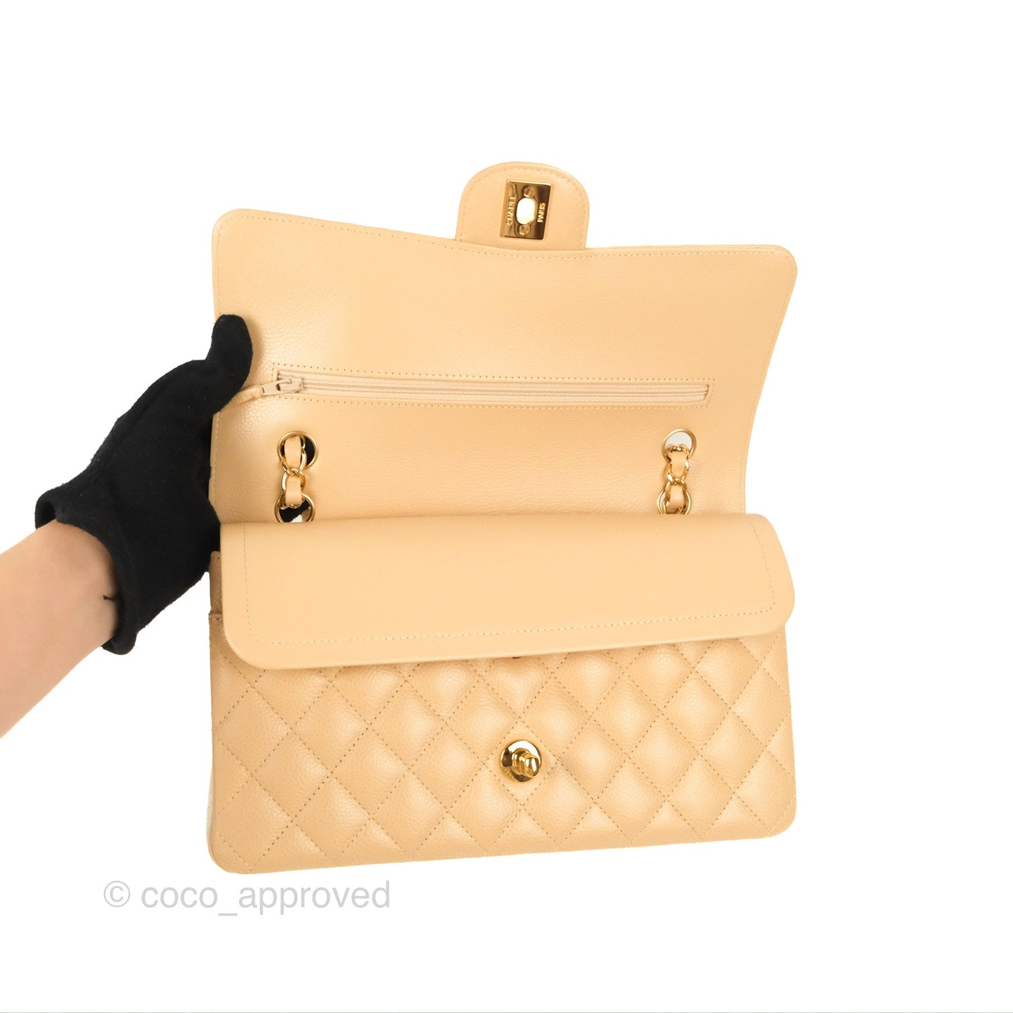 Chanel Classic M/L Medium Flap Quilted Beige Caviar Gold Hardware