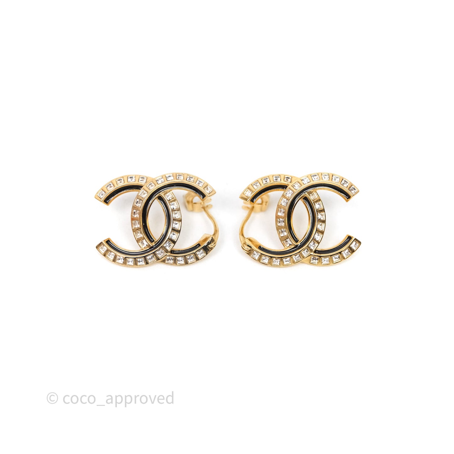 Chanel CC Crystals Black Resin Earrings Gold Tone 24C