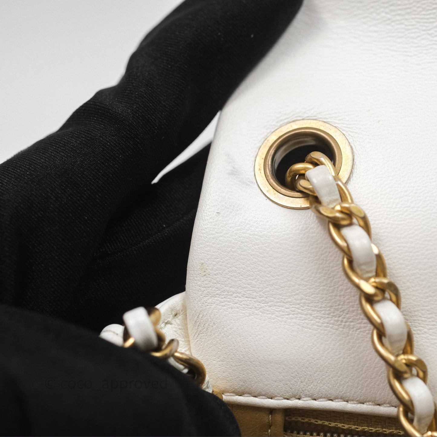 Chanel Mini Rectangular Pearl Crush Quilted White Lambskin Aged Gold Hardware