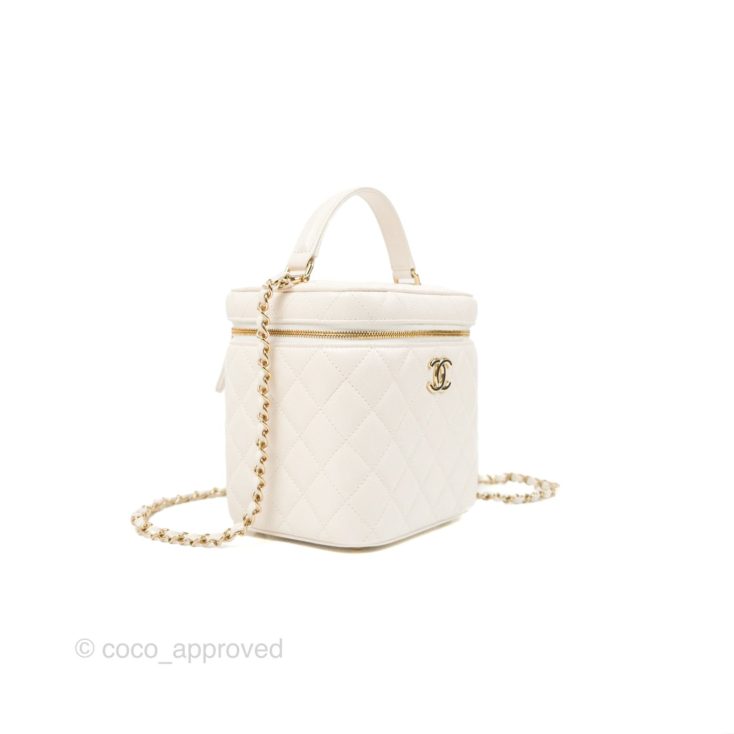 Chanel Quilted Top Handle Vanity Case White Caviar Gold Hardware