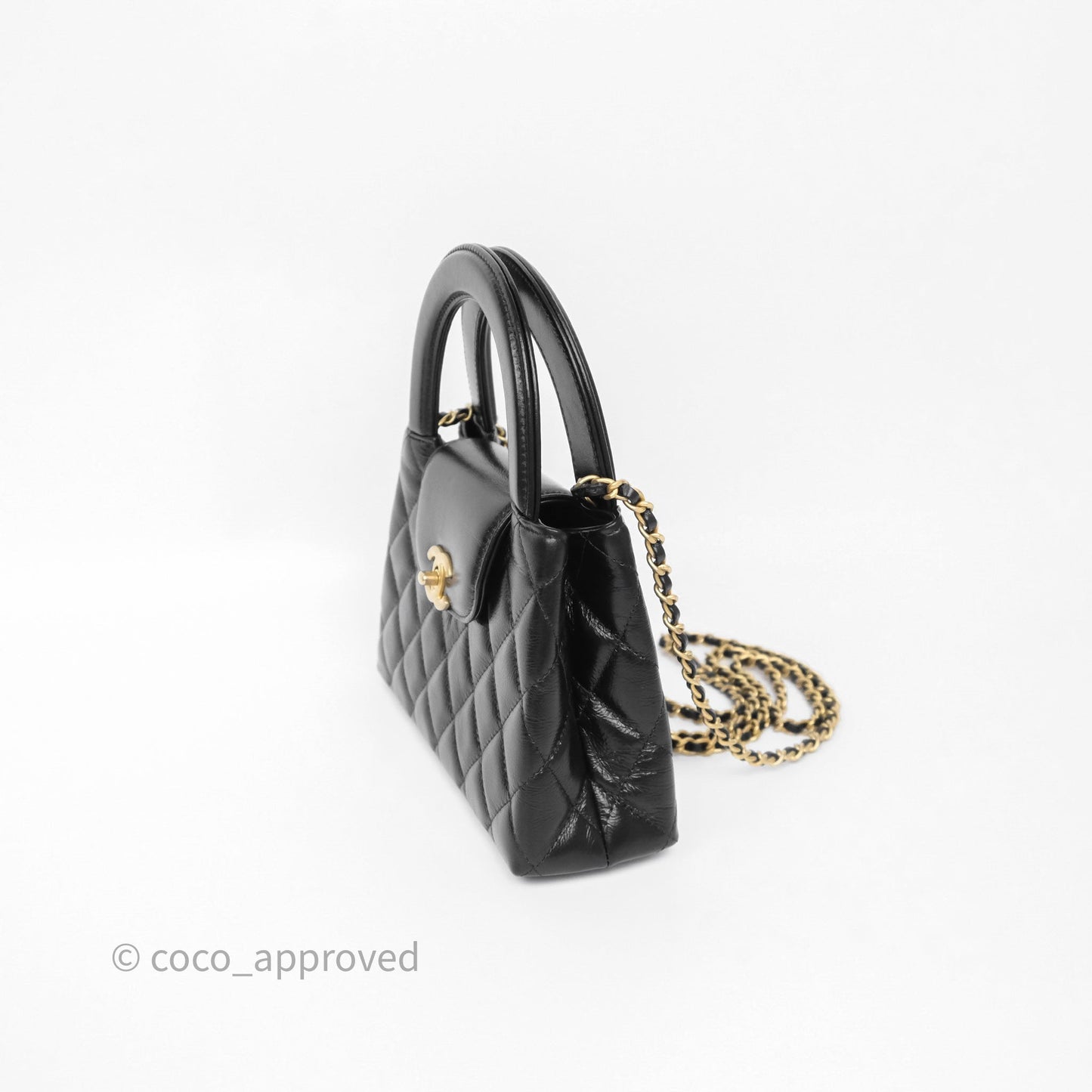 Chanel Kelly Bag Quilted Black Shiny Crumpled Calfskin Aged Gold Hardware