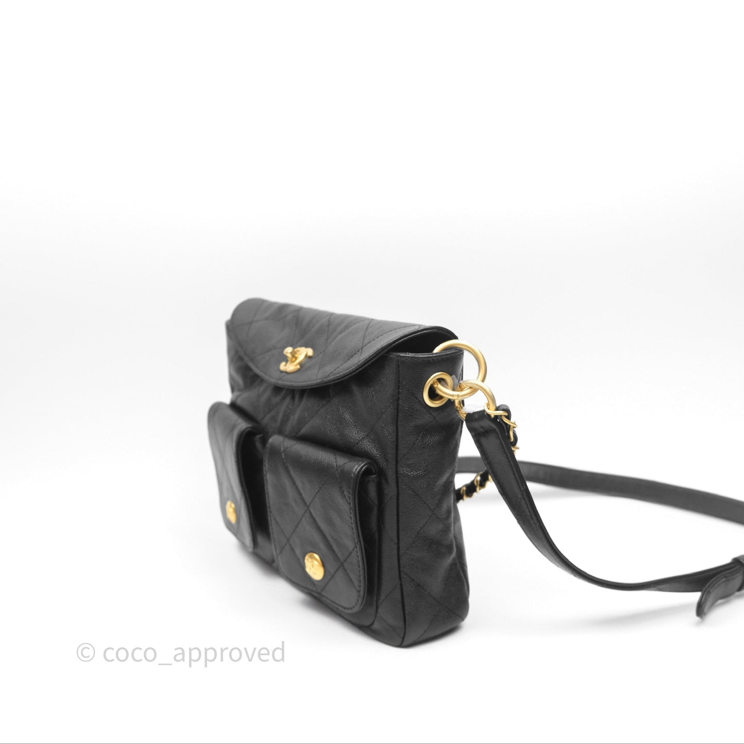 Chanel Double Pocket Hobo Bag Black Caviar Brushed Gold Hardware