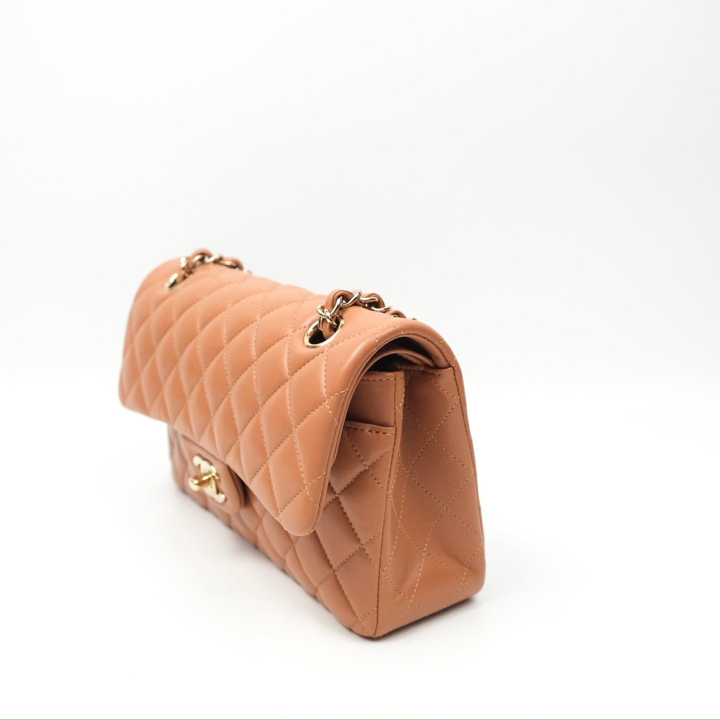 Chanel Small Quilted Classic Flap Dark Caramel Beige Lambskin Gold Hardware