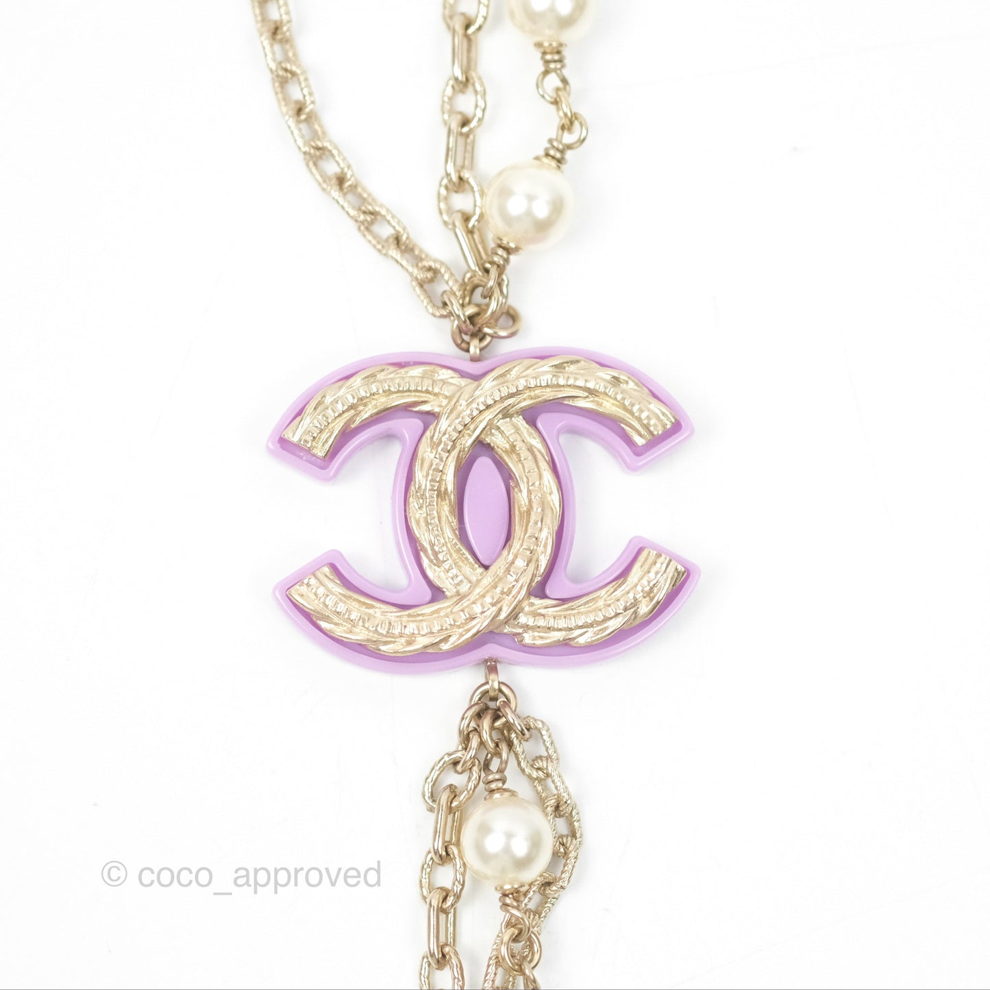 Chanel Purple CC Pearl Chain Long Necklace Gold Tone 15B