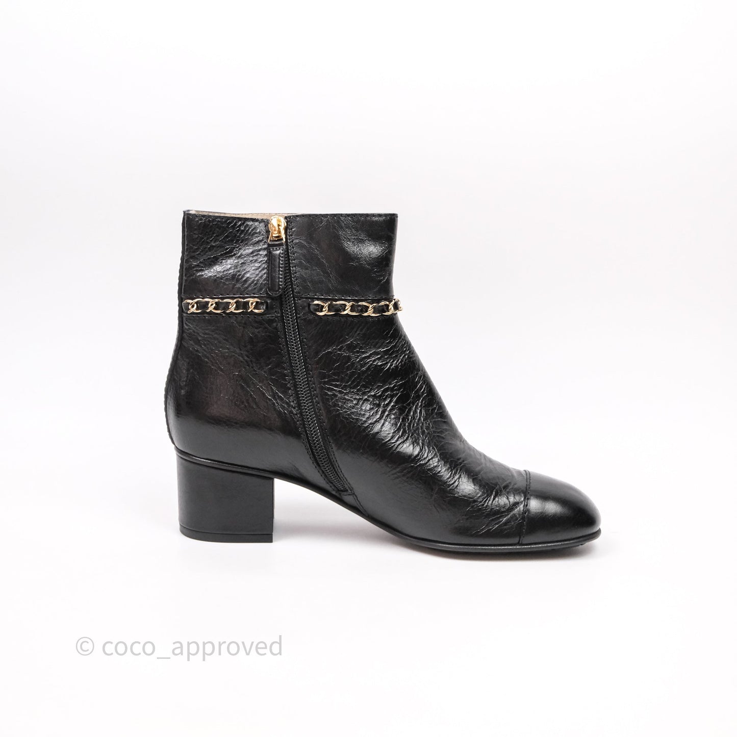 Chanel CC Black Leather Chain Ankle Boots Size 39