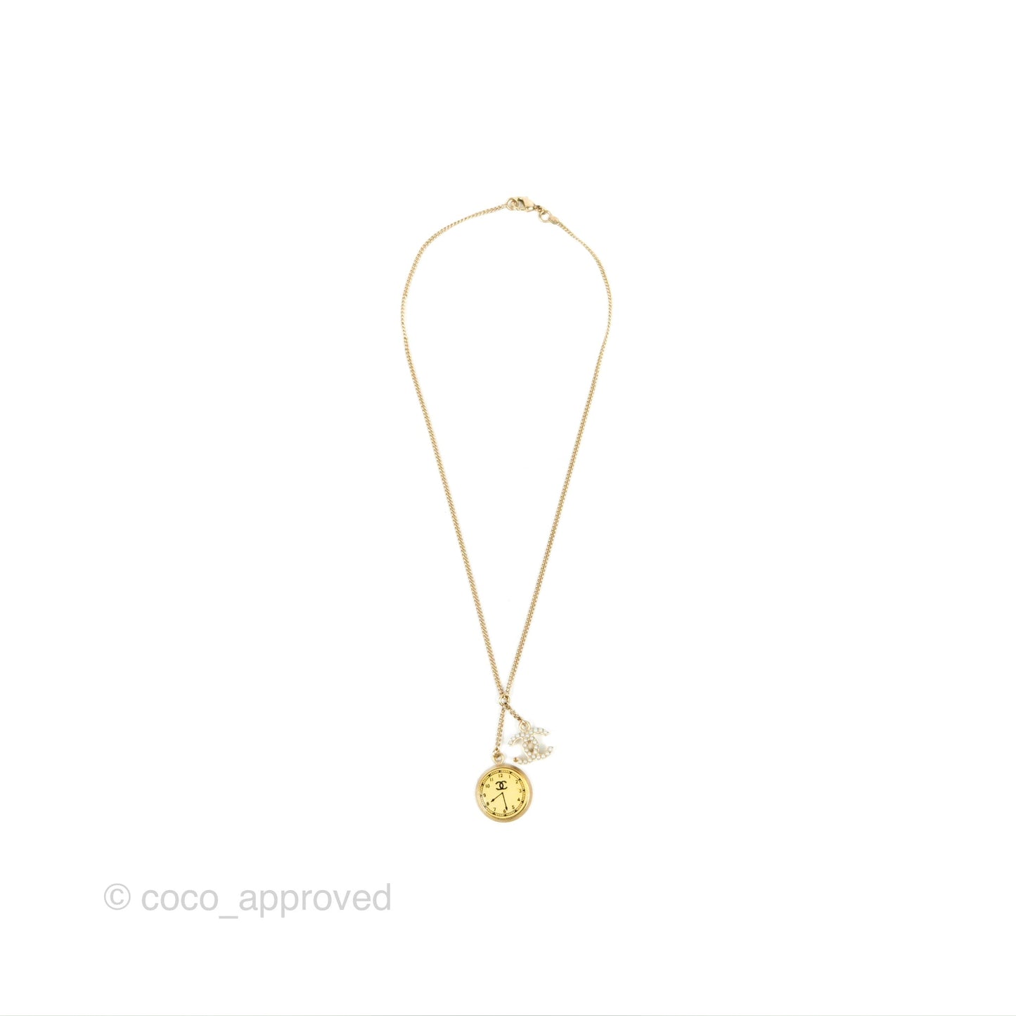 Chanel Pearl CC Clock Pendant Necklace Gold Tone 07C