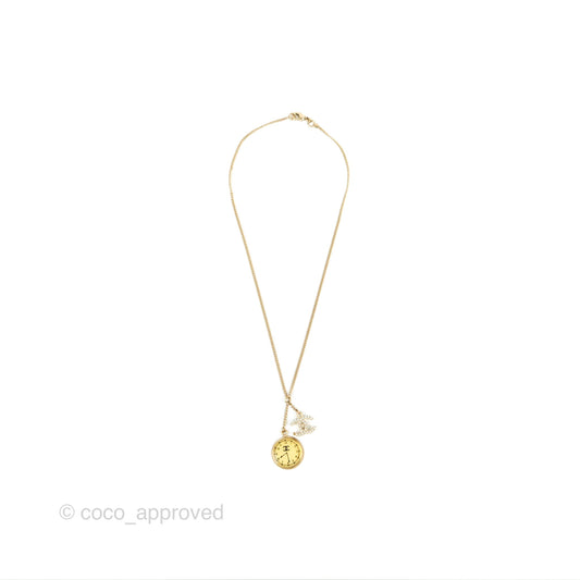 Chanel Pearl CC Clock Pendant Necklace Gold Tone 07C
