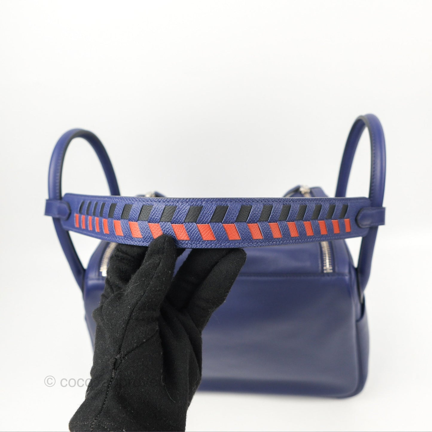 Hermès Lindy Tressage De Cuir 30 Bleu Encre/Brique/Black Swift Palladium Hardware
