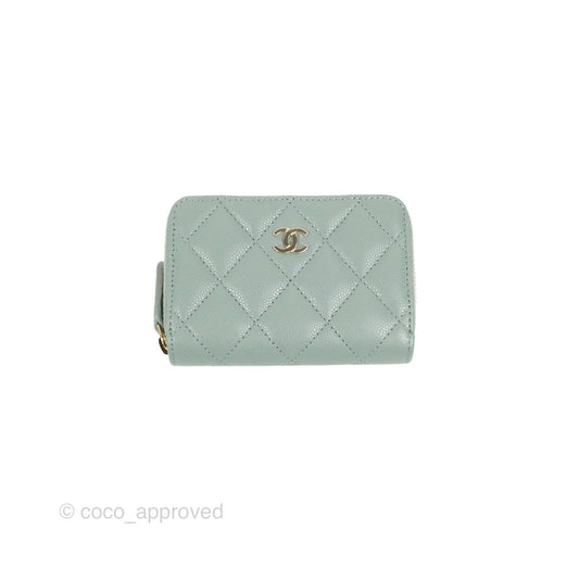 Chanel Classic Quilted Zipped Coin Purse Tiffany Green Caviar Gold Hardware