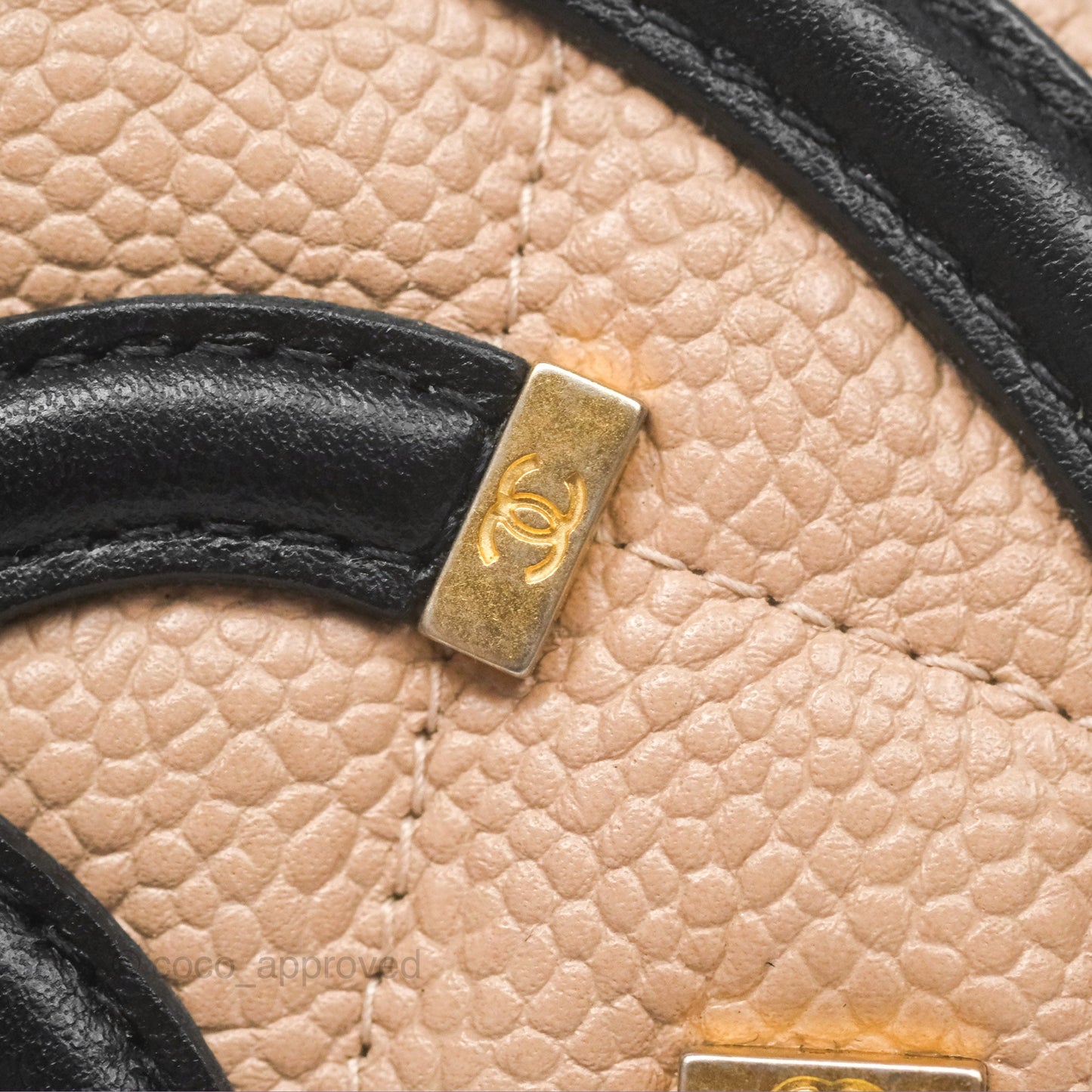 Chanel Quilted Round Filigree Clutch With Chain Beige Black Caviar Gold Hardware