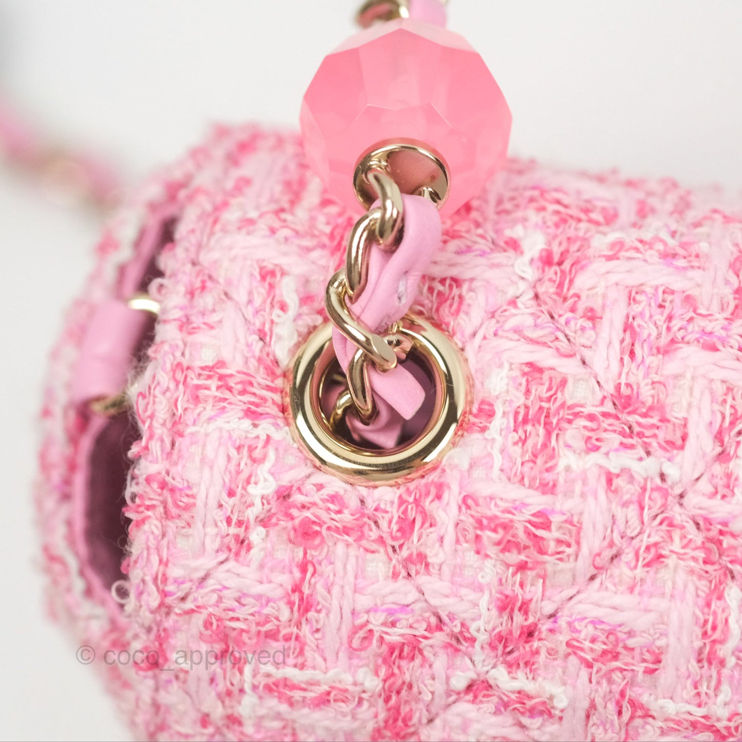 Chanel Flap Bag with Heart Resin Charm Chain Pink Tweed Gold Hardware