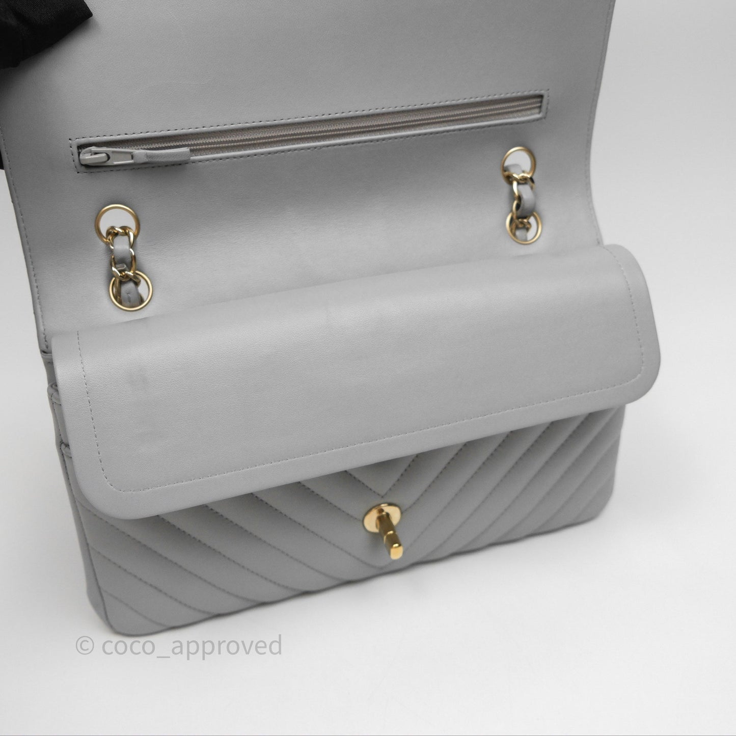Chanel Classic M/L Medium Flap Chevron Grey Lambskin Gold Hardware