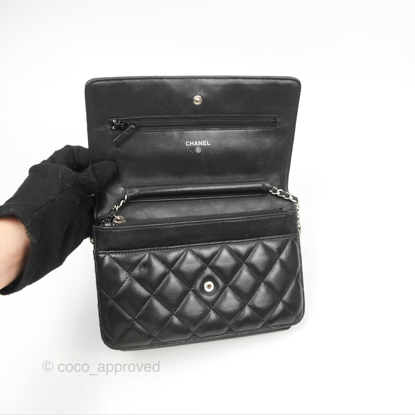 Chanel Quilted Classic Wallet On Chain WOC Black Lambskin Silver Hardware