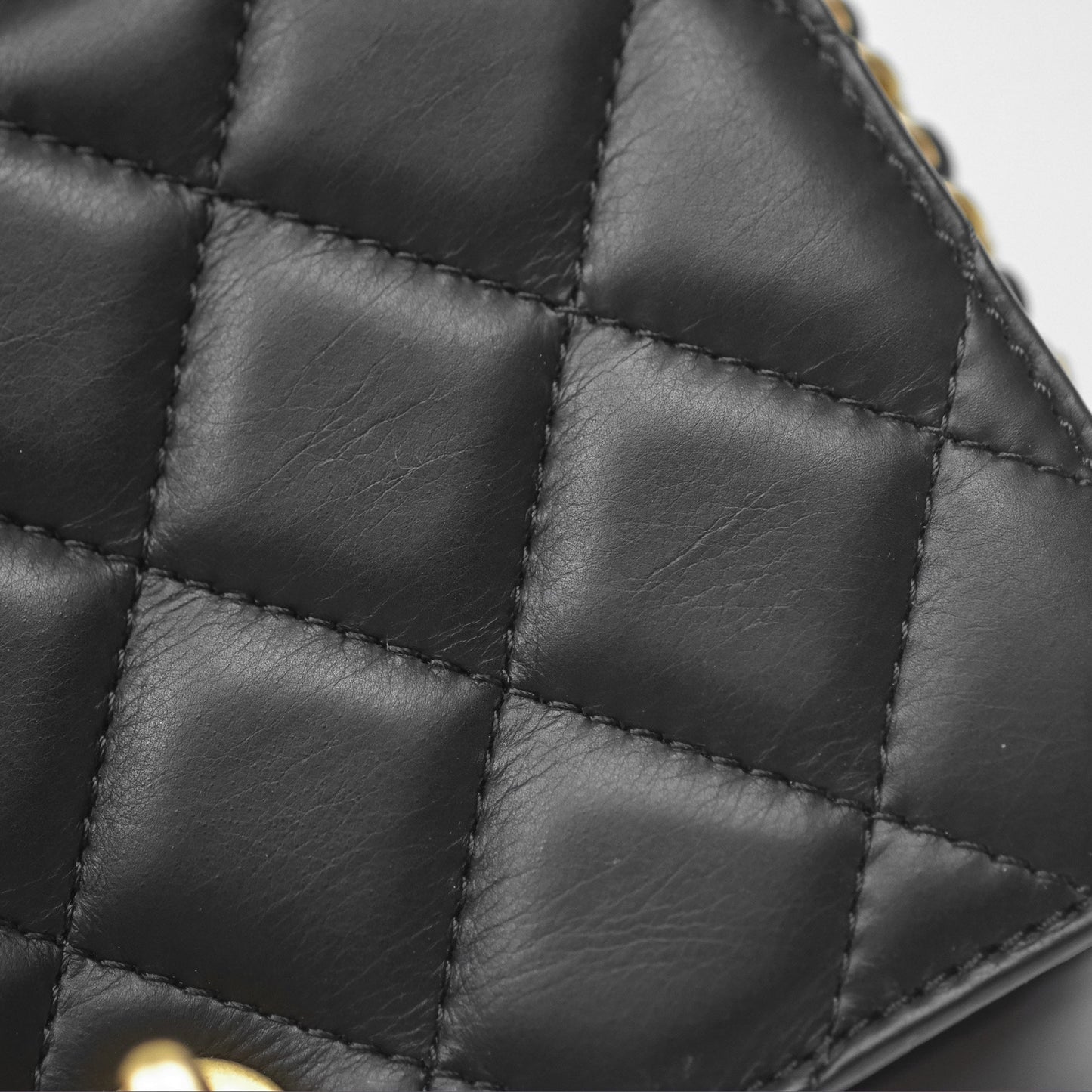 Chanel Quilted Side Chain Flap Bag Black Calfskin Aged Gold Hardware