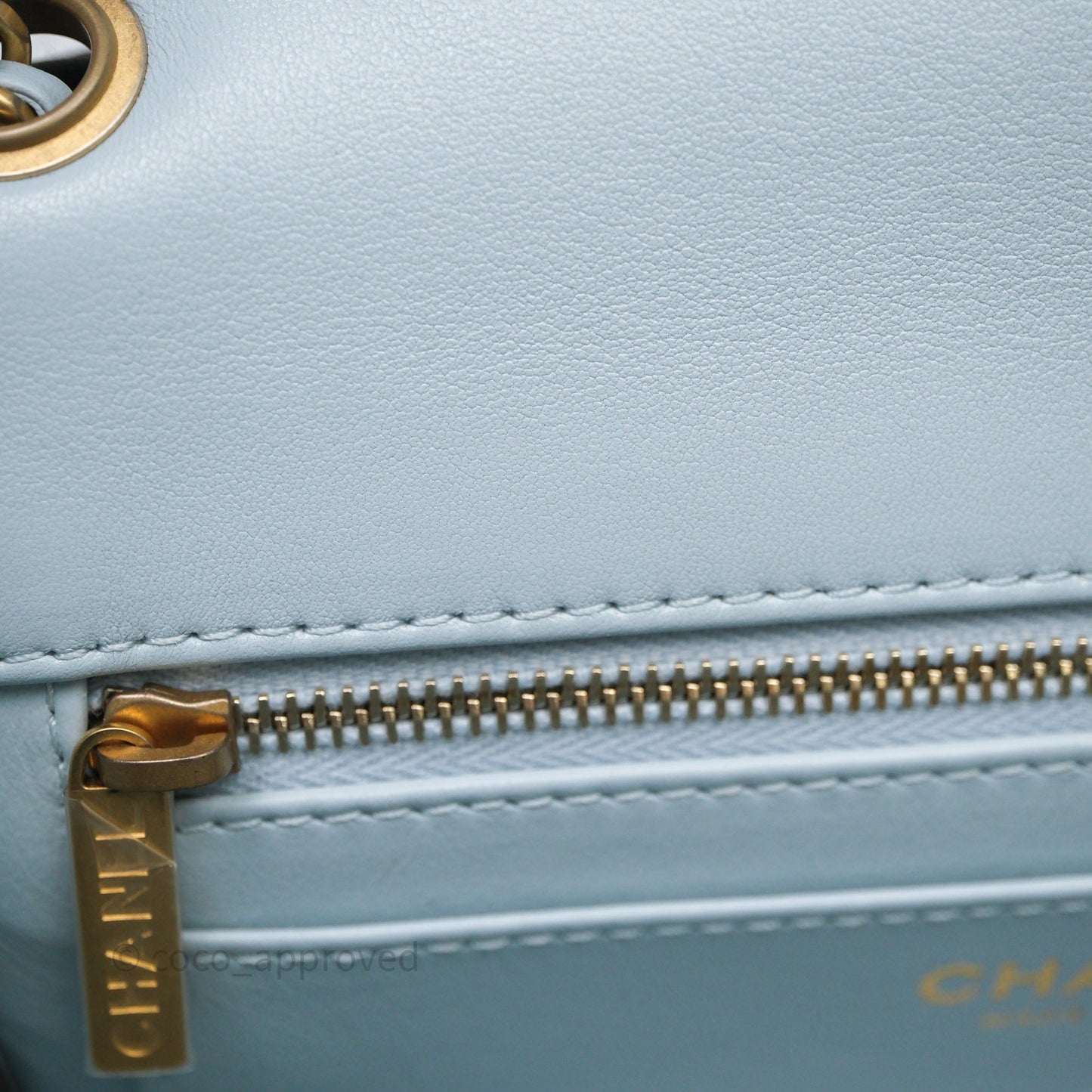 Chanel Pearl Crush Mini Rectangular Light Blue Lambskin Aged Gold Hardware