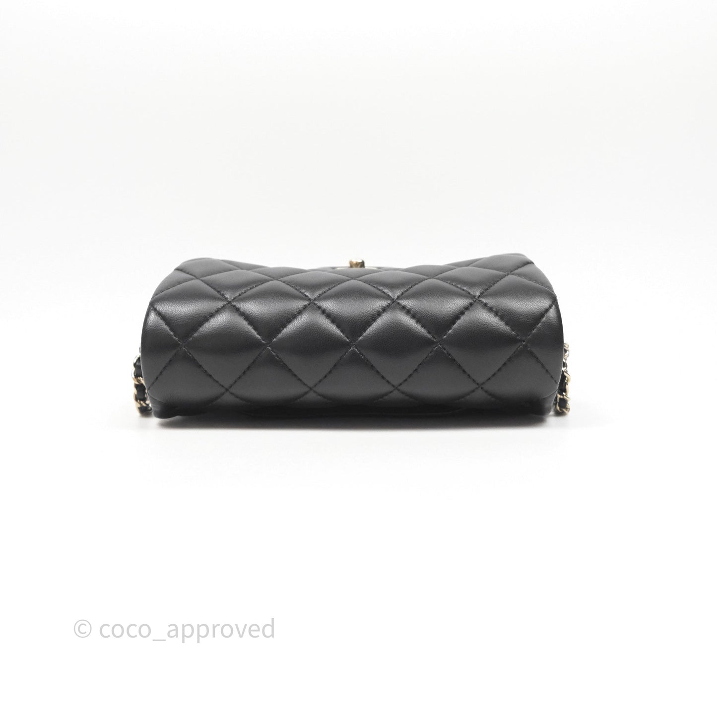 Chanel Logo Pearl Chain Flap Bag Black Lambskin Gold Hardware