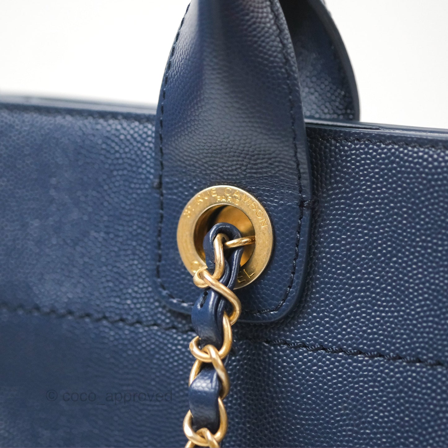 Chanel Small Studded Deauville Tote Navy Caviar Aged Gold Hardware