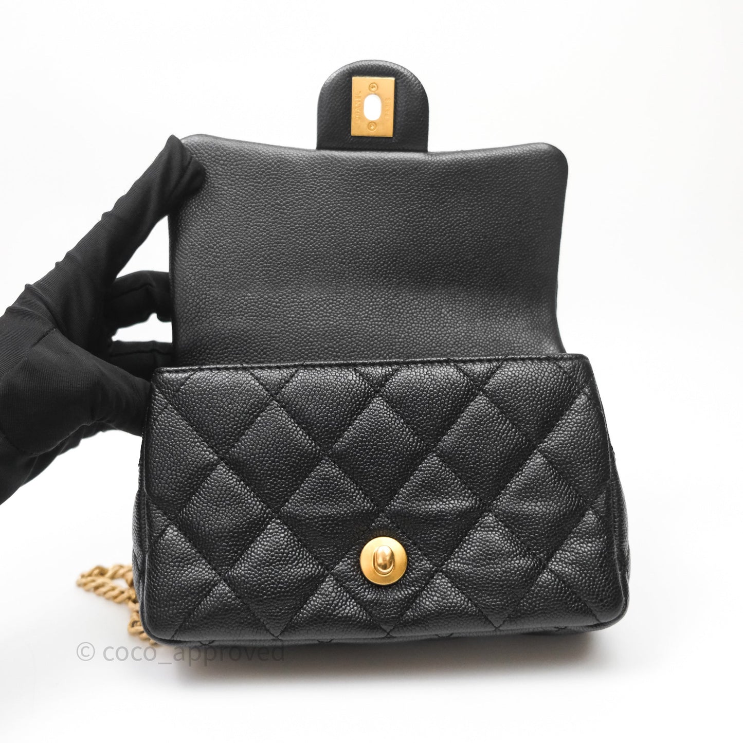 Chanel Mini Flap Bag Heart Adjustable Chain Black Caviar Aged Gold Hardware