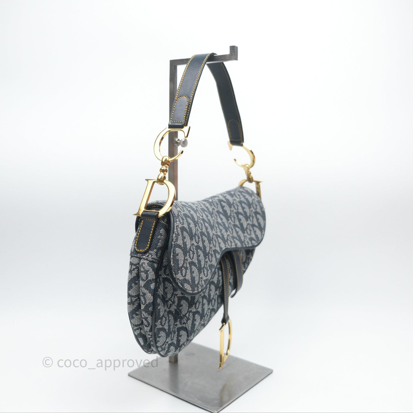 Christian Dior Vintage Saddle Bag Blue Oblique Jacquard Gold Hardware