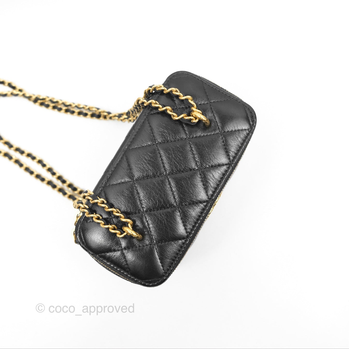 Chanel Vanity with Double Chain Black Shiny Crumpled Calfskin Gold Hardware 23S