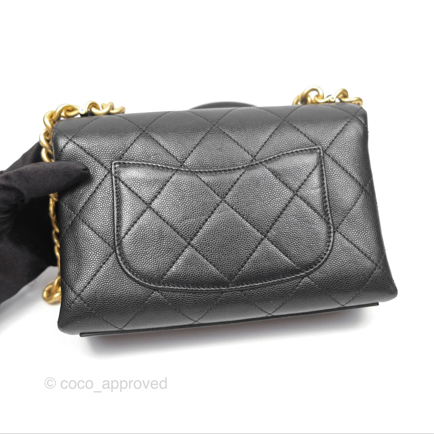 Chanel Bracelet On Chain Flap Bag Flat Quilted Black Caviar Aged Gold Hardware