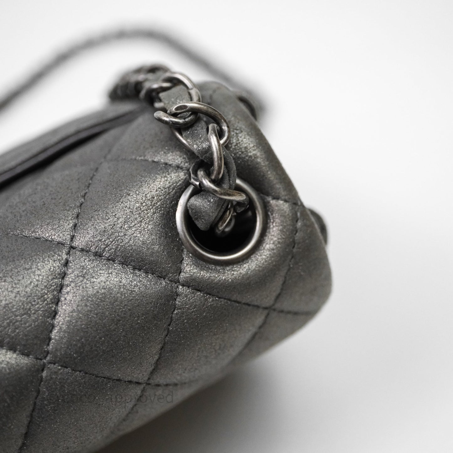Chanel Mini Square Iridescent Grey Suede Gun Metal Hardware