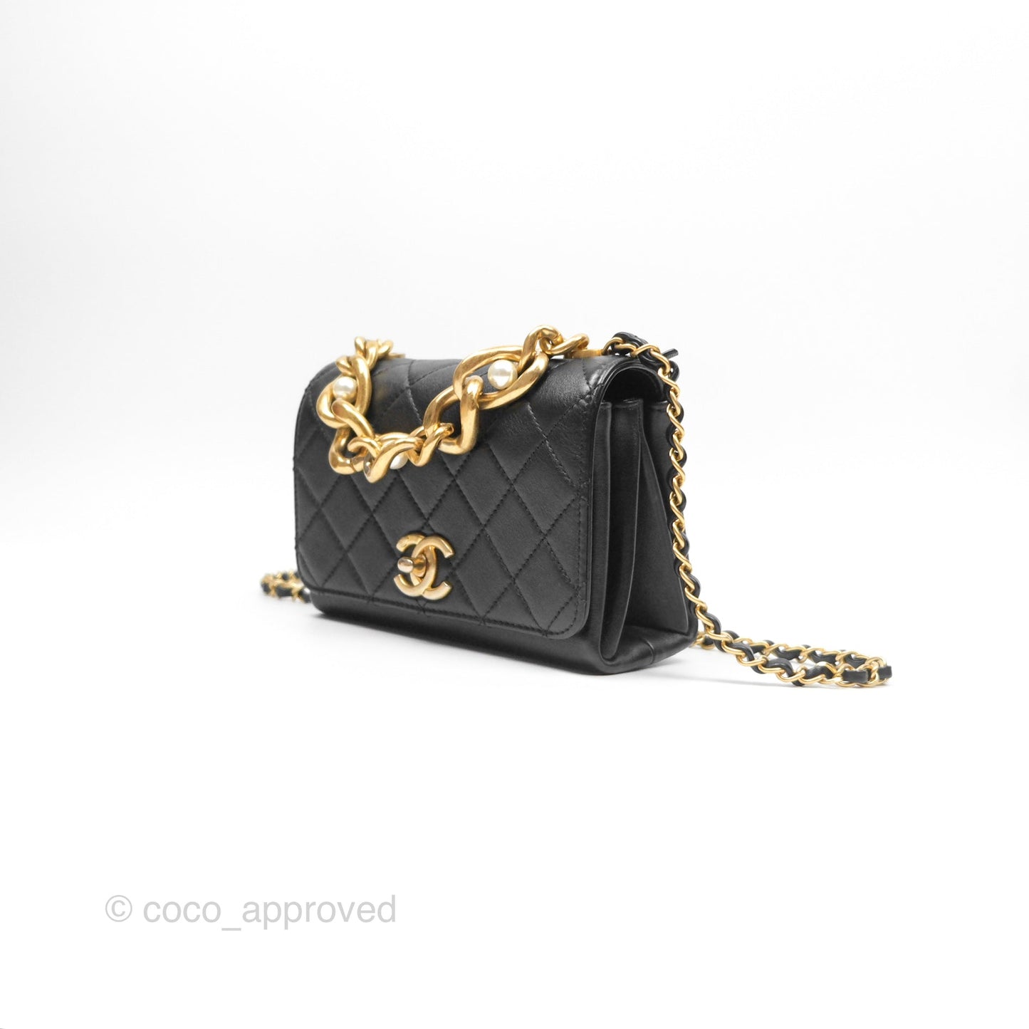 Chanel Pearl Chain Bag Black Calfskin Aged Gold Hardware