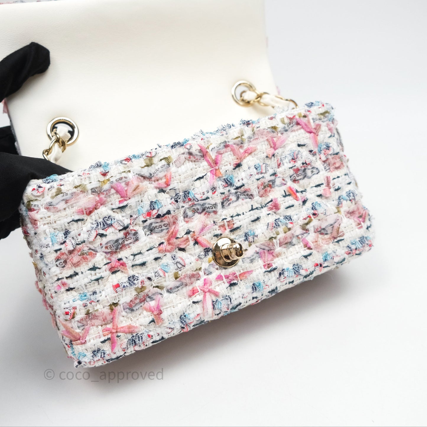 Chanel Tweed Quilted Mini Rectangular Flap Pink Tweed Gold Hardware 22K