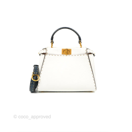 Fendi Mini Peekaboo Bag Contrast Stitch Off White/Navy Grained Leather Gold Hardware