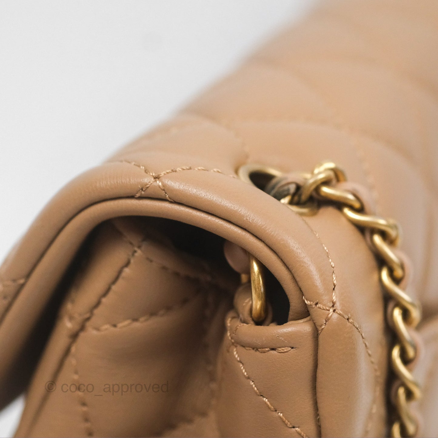Chanel Mini Rectangular Pearl Crush Quilted Beige Lambskin Aged Gold Hardware