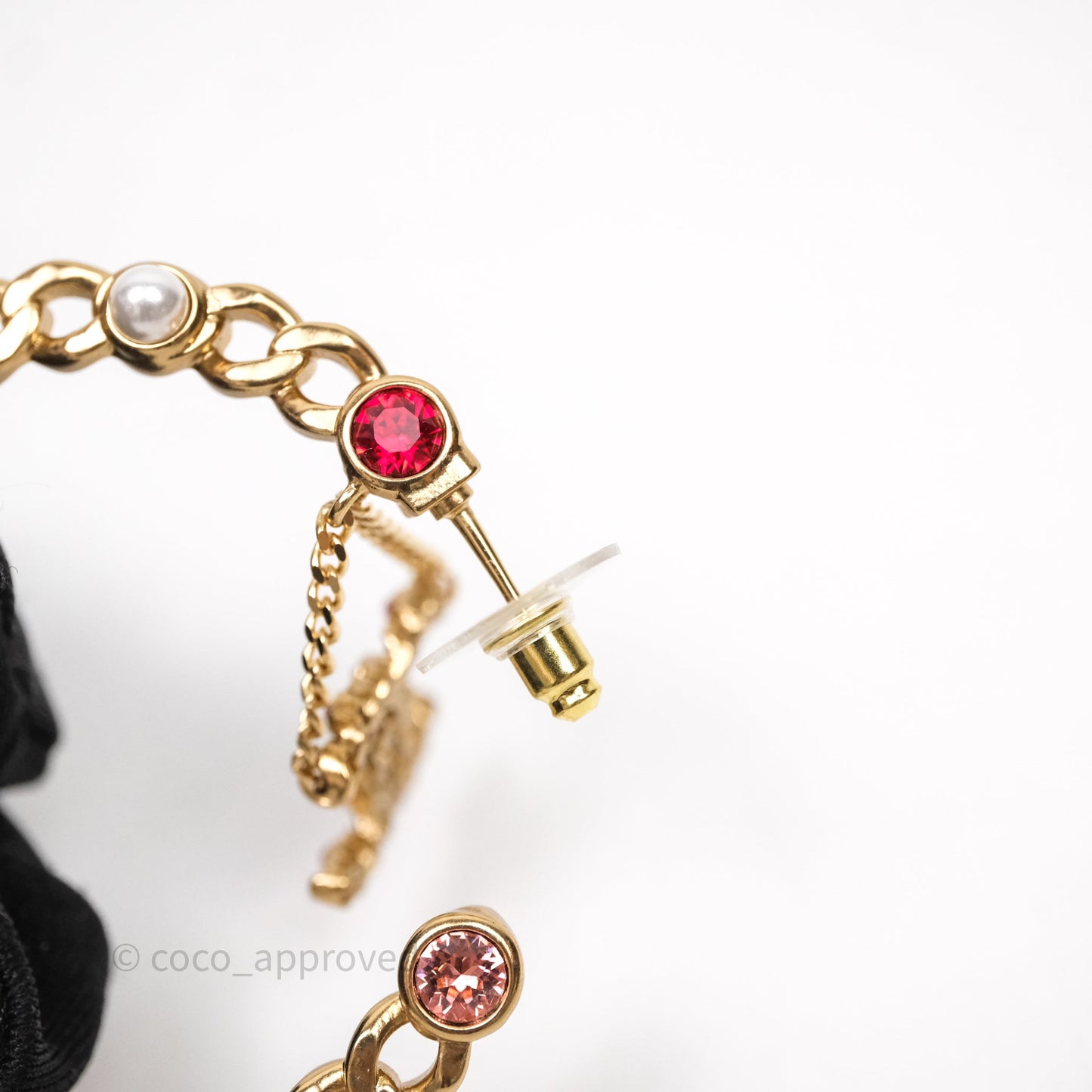 Chanel CC Pearl Crystal Hoop Earrings Gold Tone 21P