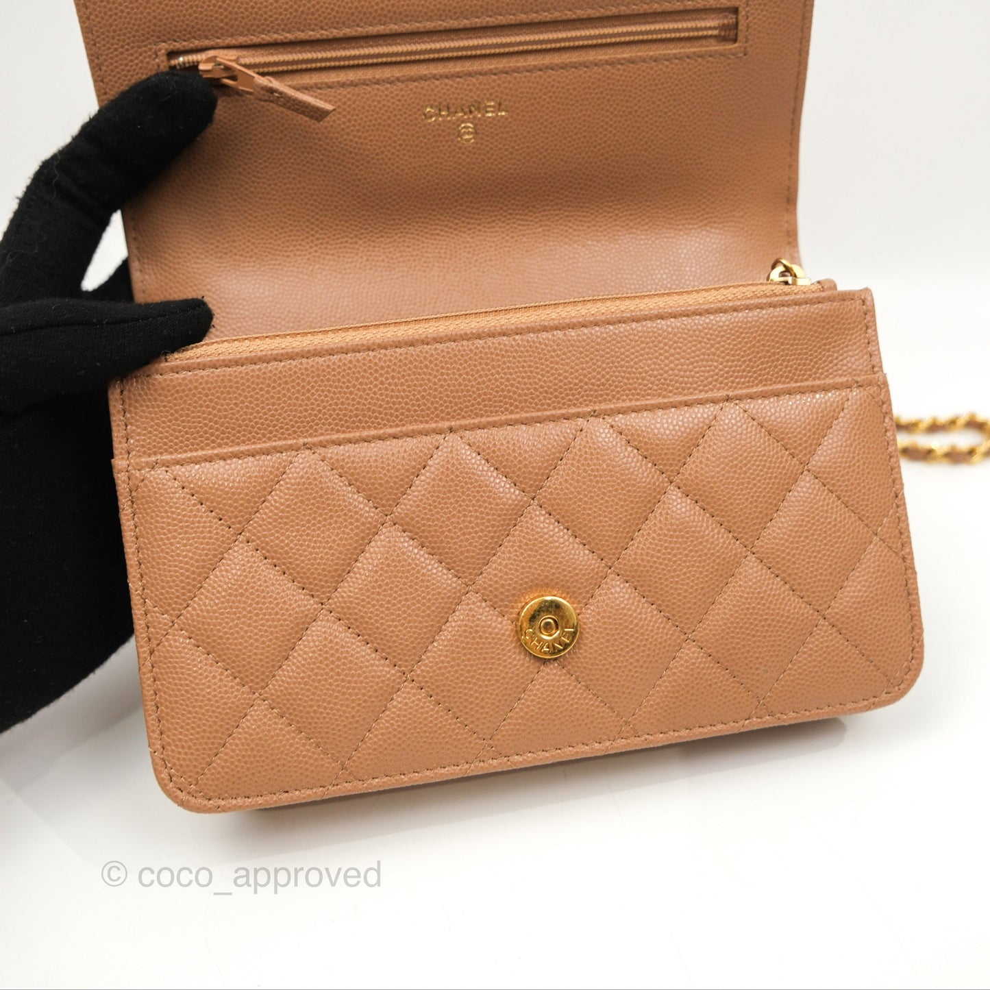 Chanel Coco First Wallet On Chain WOC Dark Beige Caviar Gold Hardware 22K