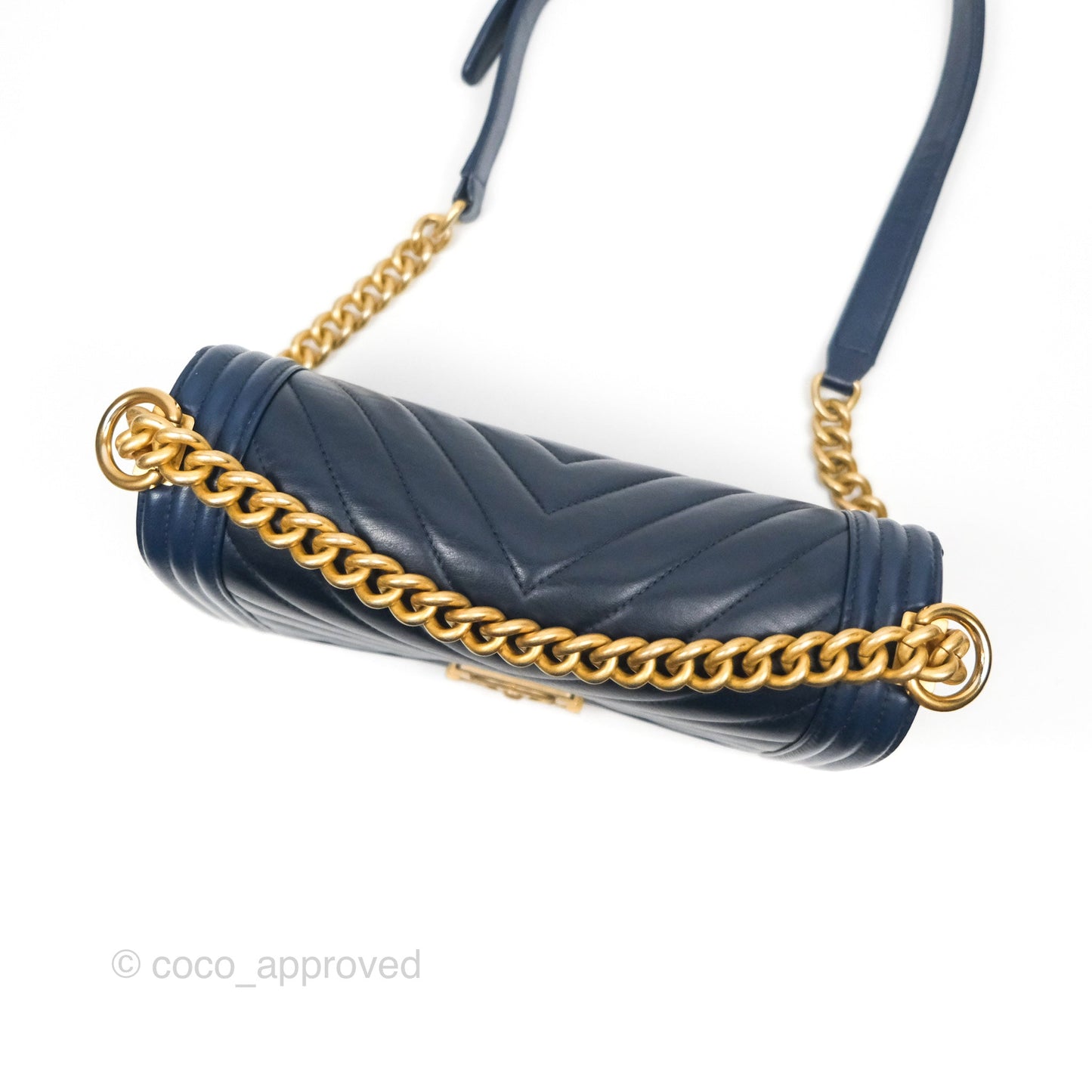 Chanel Medium Boy Chevron Navy Calfskin Aged Gold Hardware